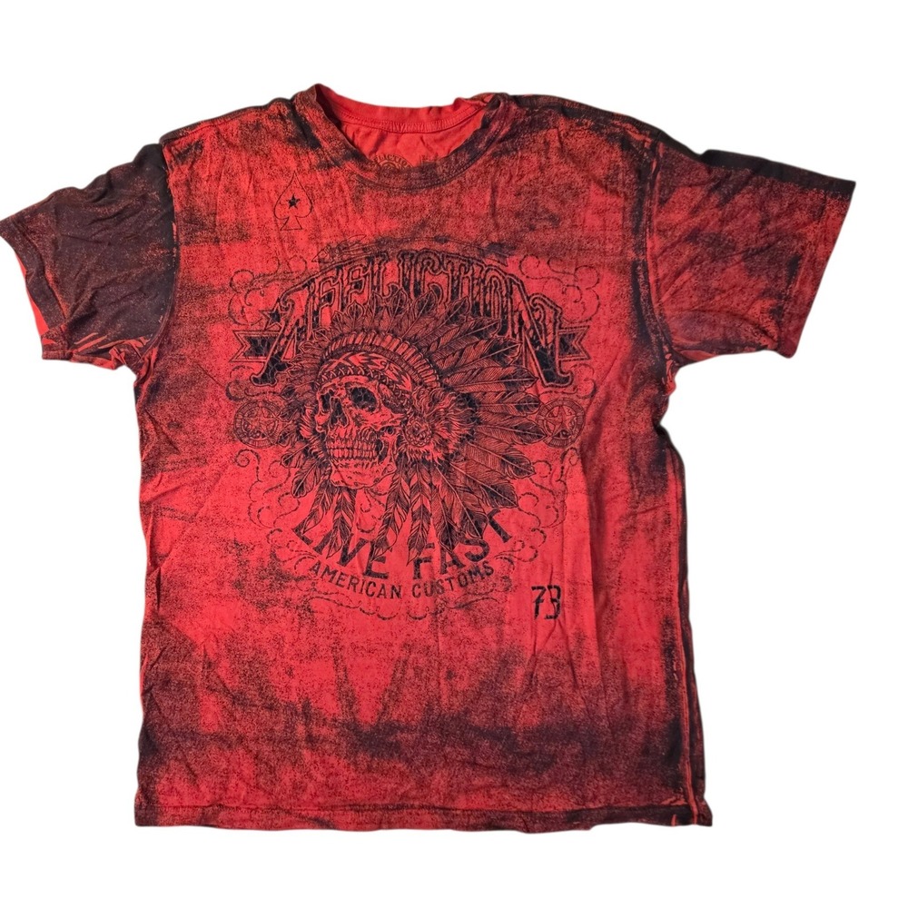Affliction American Customs Red Black Acid Wash Skull Graphic T-Shirt Mens XL